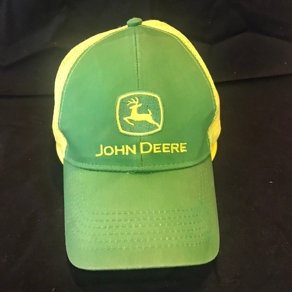 Green John Deere Vintage Logo Solid Backed Hat with Camo Bill Green John Deere Vintage Logo Solid Backed Hat with Camo Bill